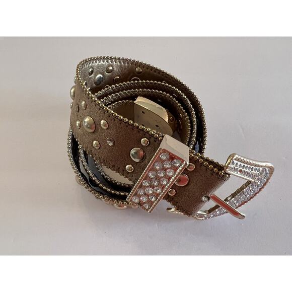 Vtg KATHY VAN ZEELAND Wide Leather Beaded & Rhinestone Fashion Concho Belt SZ L - Picture 1 of 8